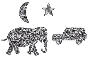 Der LANG-Stereotest II® zeigt einen Elefanten (600“), einen Geländewagen (400“), einen Mond (200“) und zusätzlich noch einen Stern (200“) als monokular sichtbares Objekt. 